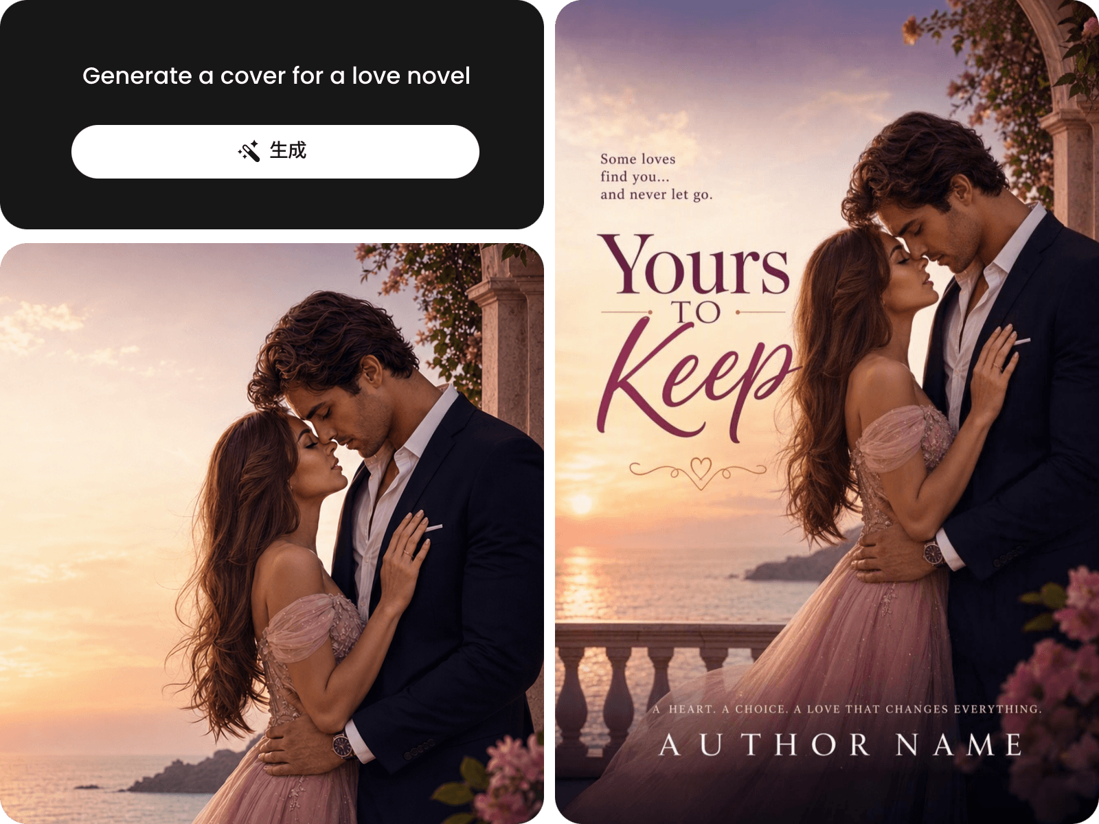 Create an ai romance book cover from an ai couple image