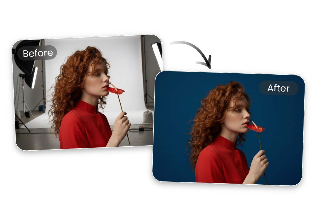 Create dark blue virtual backgrounds with AI for a portrait featuring a woman in red