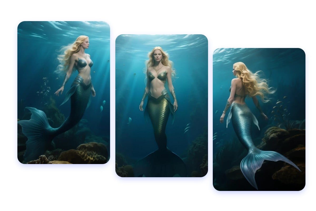 Create realistic AI mermaid underwater effect featuring a blonde mermaid