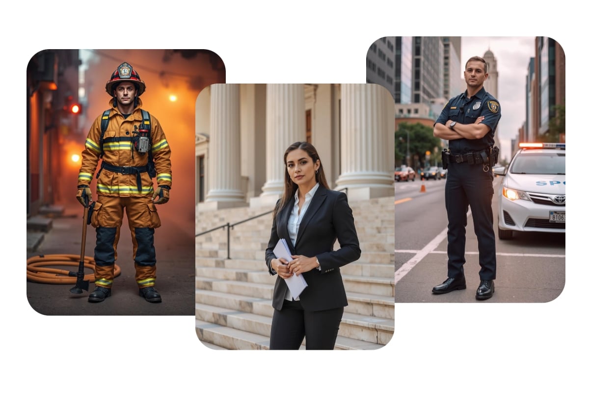 créer trois portraits IA gratuits d'un pompier et d'un avocat