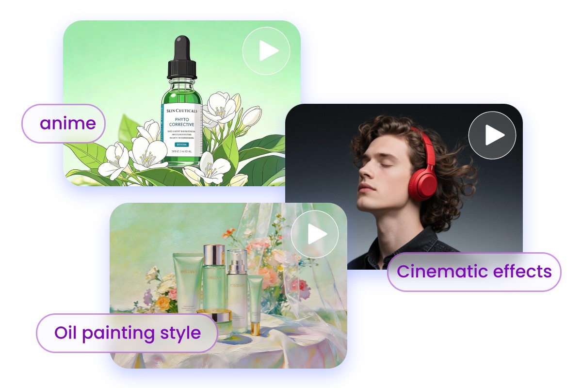 Create three ai product videos in different styles