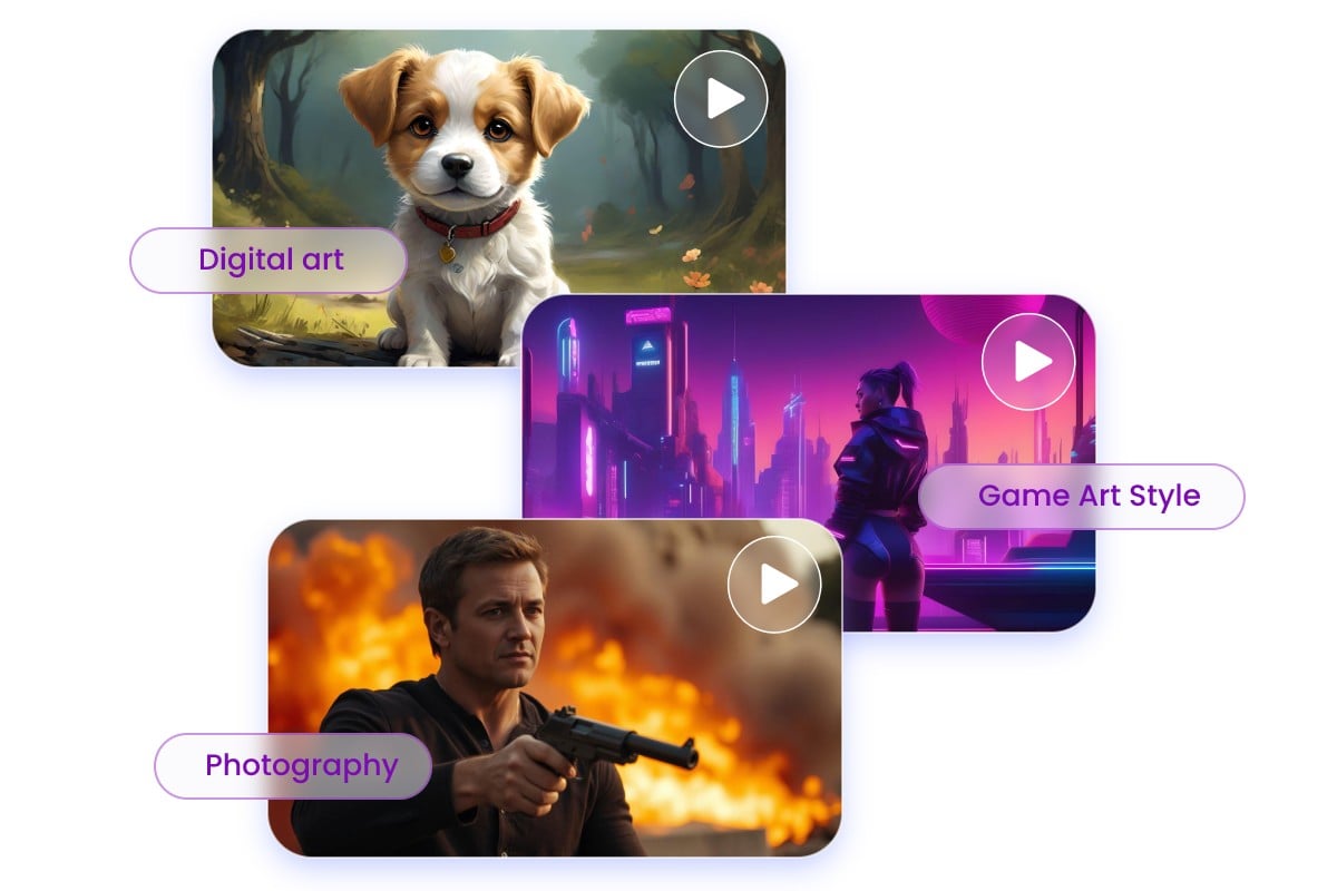 Create three ai videos in three different styles in fotor