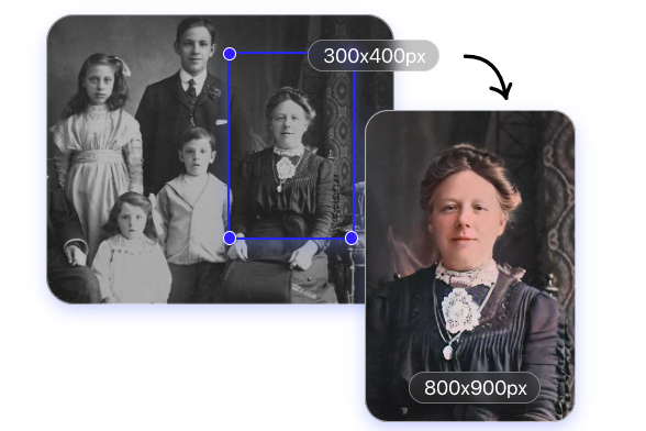 Crop and fix an old group photo and colorize it and upscale image resolution in one stop with Fotor