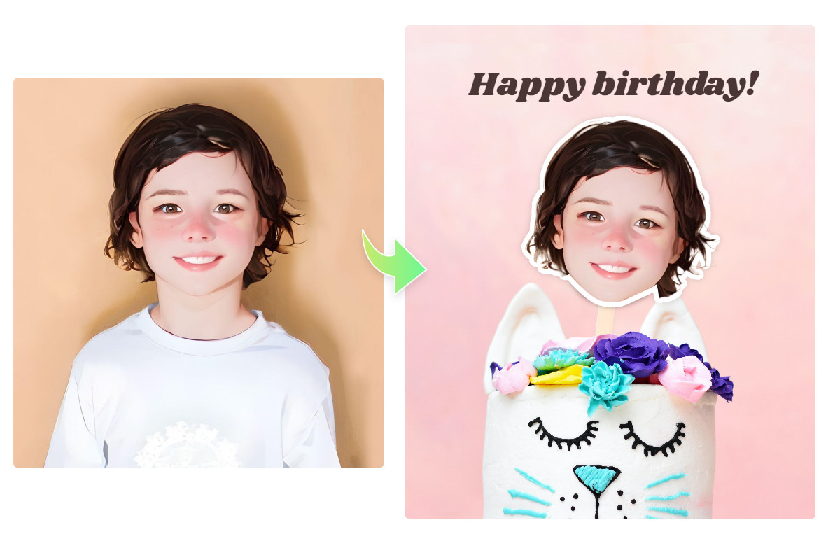 Cut out ai generated cartoon face and use as the birthday cake prop