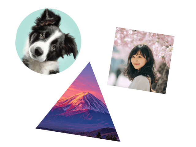 丸型にしたワンチャン写真と正方形にした女子の写真と三角形にした富士山の写真