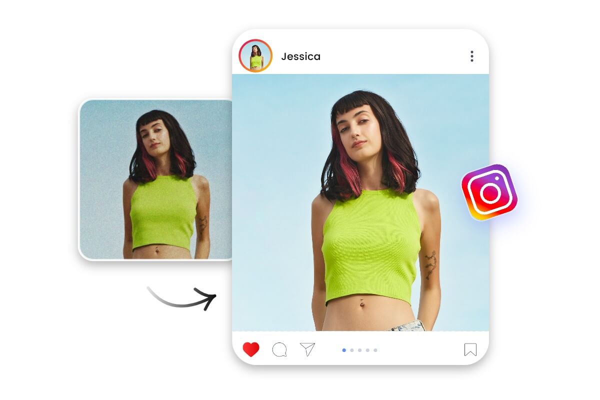 ネオンカラーのトップスを着た女性の写真のノイズを除去し、Instagramの投稿に使用してください