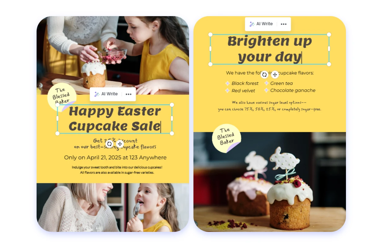 Design both sides of a business flyer about a yellow cupbake sale theme