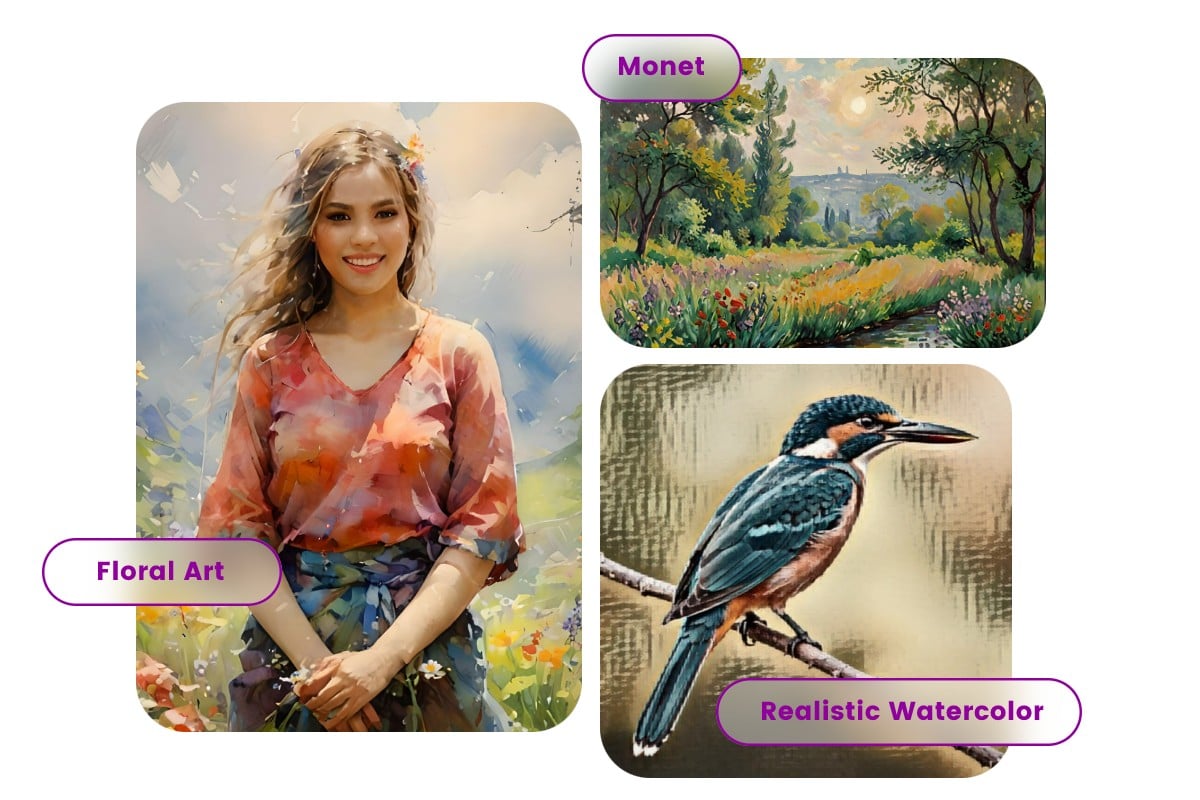 Different watercolor drawing style effects showcasing