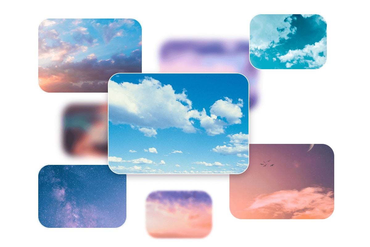 Diverse sky backgrounds provided by Fotor's AI sky changer- Aurora sky, sunset, blue sky, cloudy sky, sunny, and galaxy