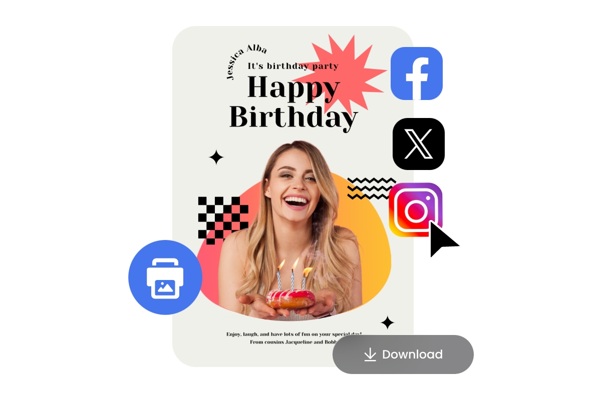 Downloadable and shareeable birthday poster for a smiley lady in a white background