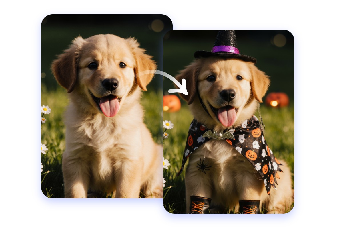 Mit Fotor's KI-Kostüm-Generator Ihre Haustiere in Halloween-Outfits verkleiden