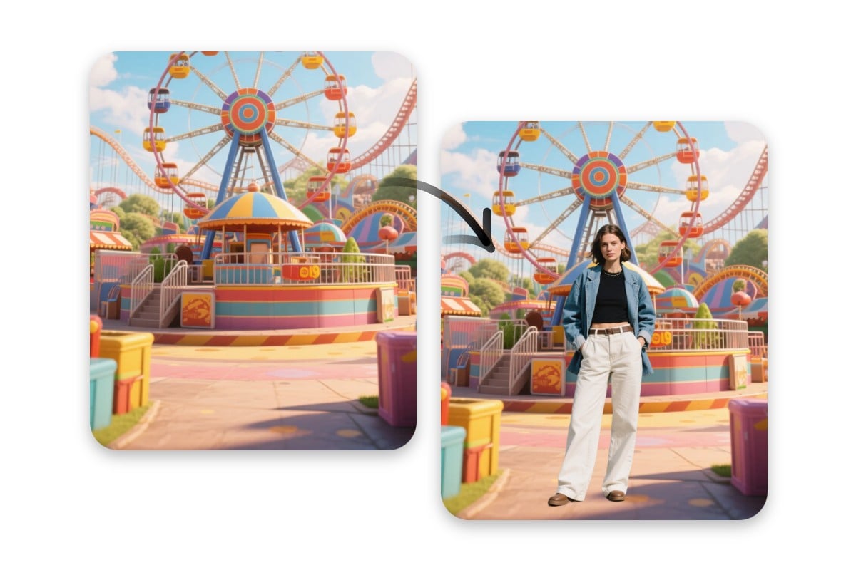 Easily add a girl into a photo of an entertainment park with fotor