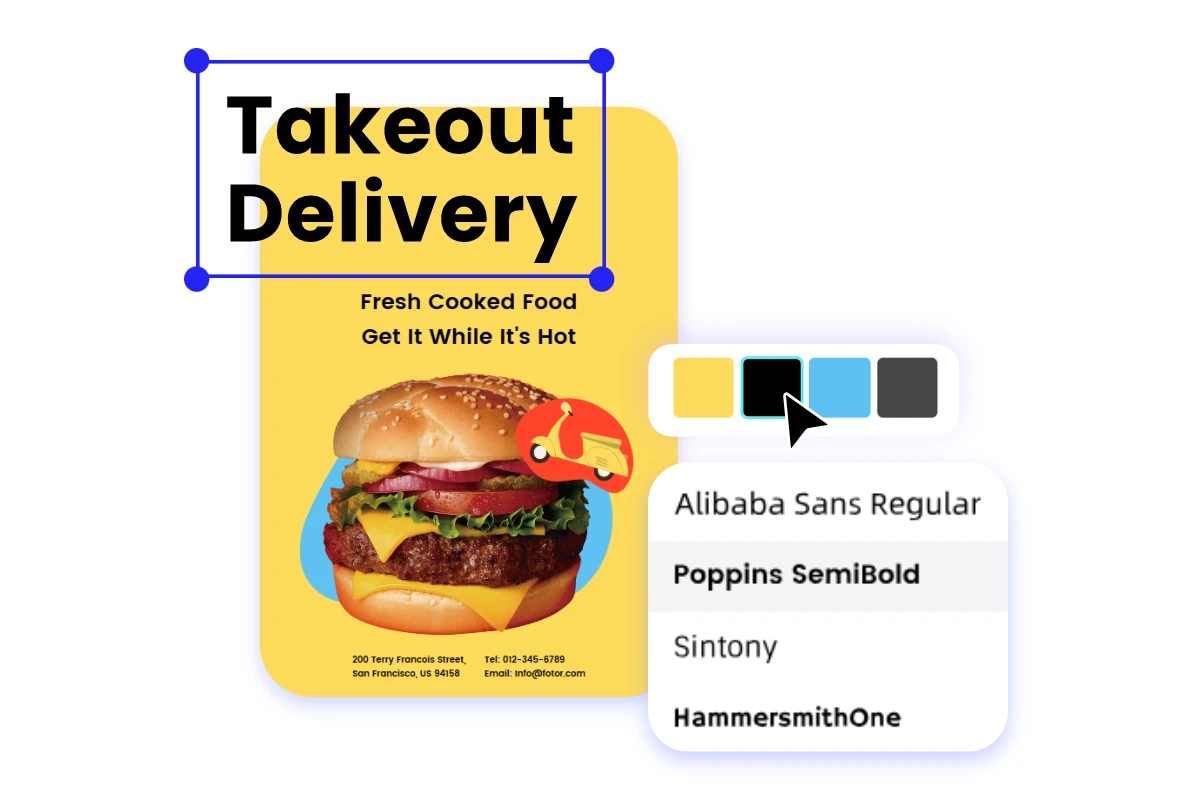Edit a business flyer about burger takeout delivery with font and color editing tools
