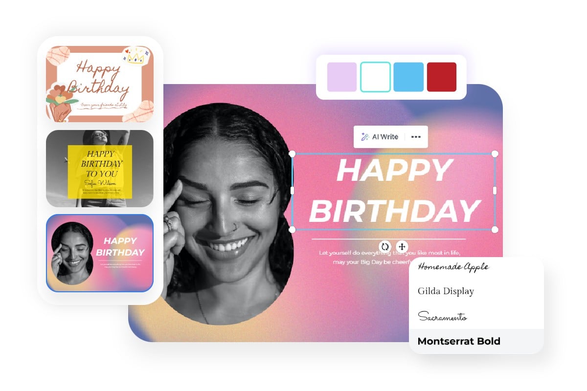 Edit any element of the birthday card template on fotor