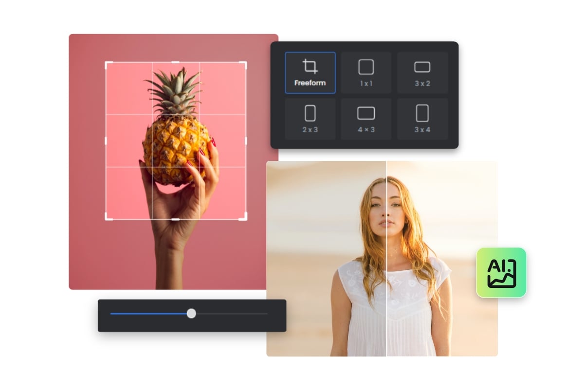 Edit images with fotor such as cropping images into different sizes and enhance image quality with ai