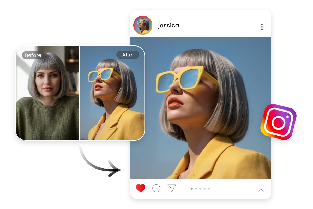 Elevate a woman portrait with pose and background change for eye catching Instagraa posts