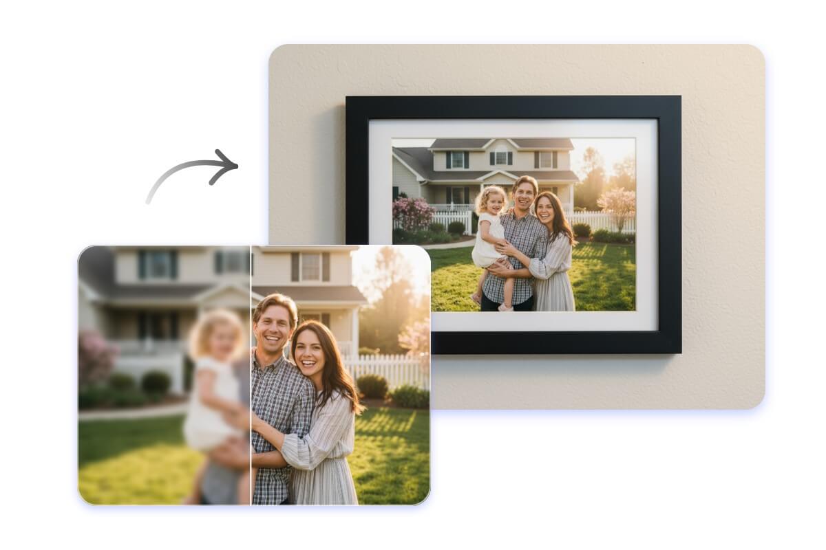 Enhance a low quality family photo for printing in a frame