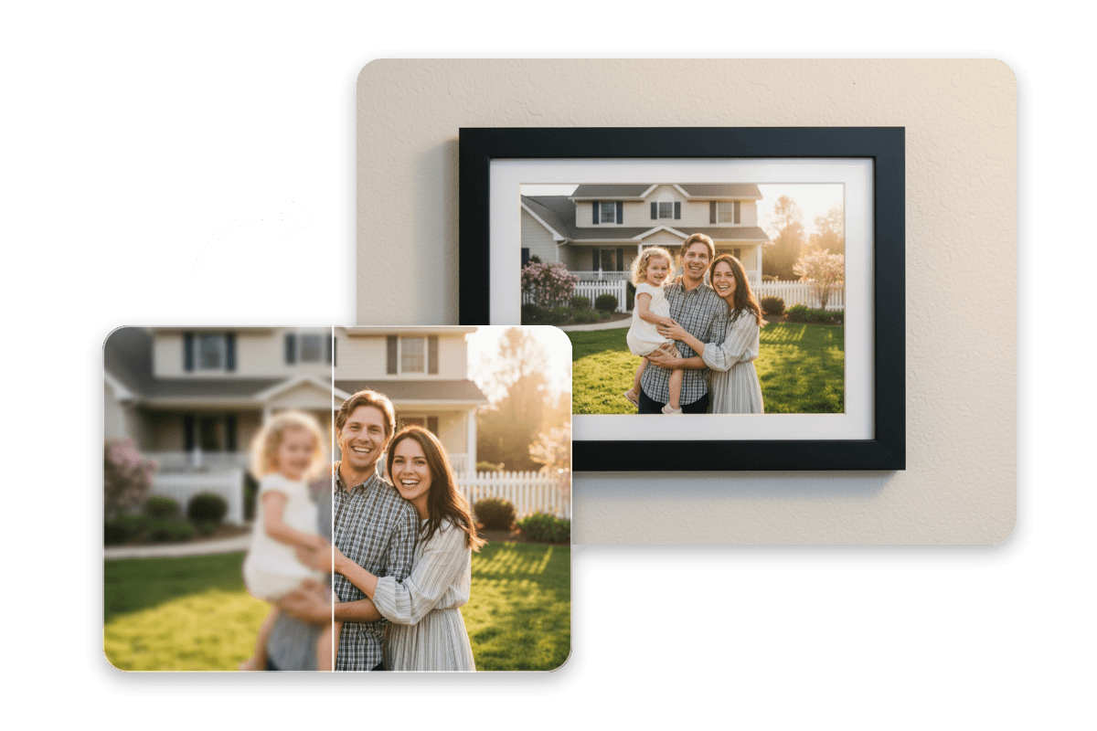 Enhance a low quality family photo for printing in a frame