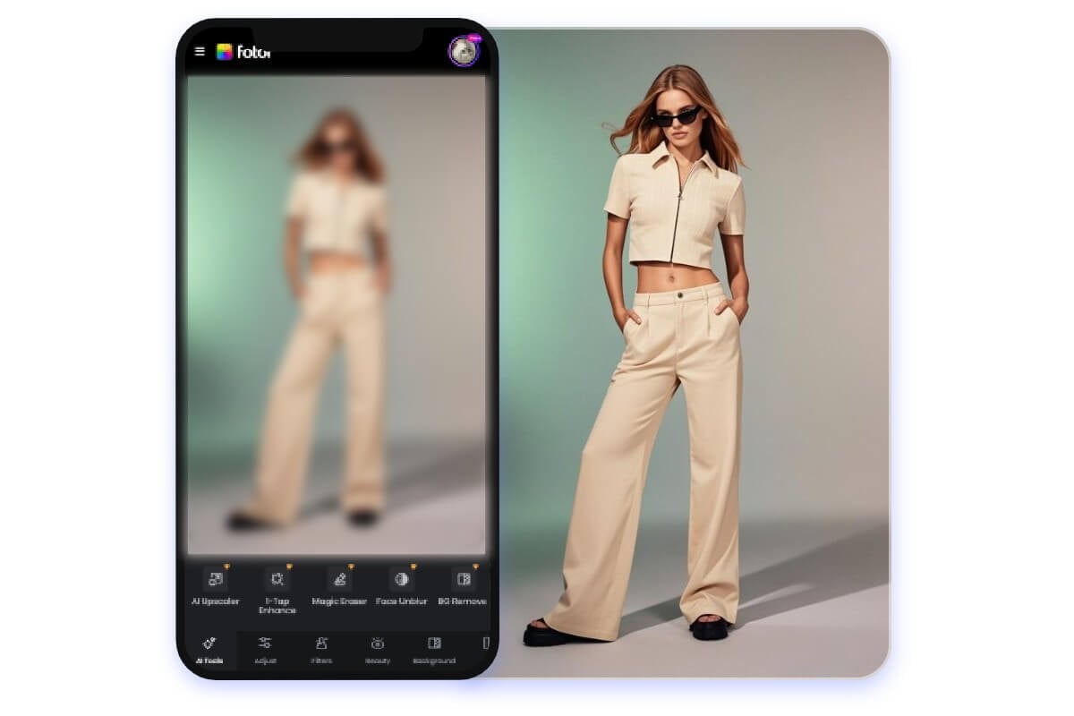 Enhance a low quality photo of a female model using fotors mobile app