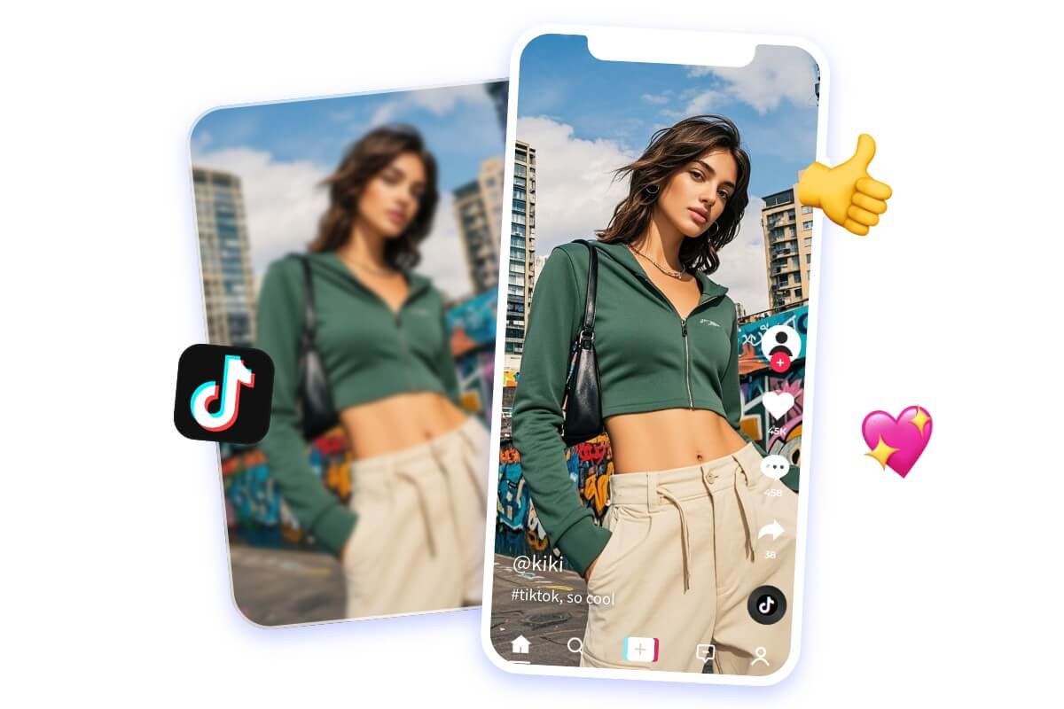 Enhance a low quality photo of a stylish woman for social media sharing