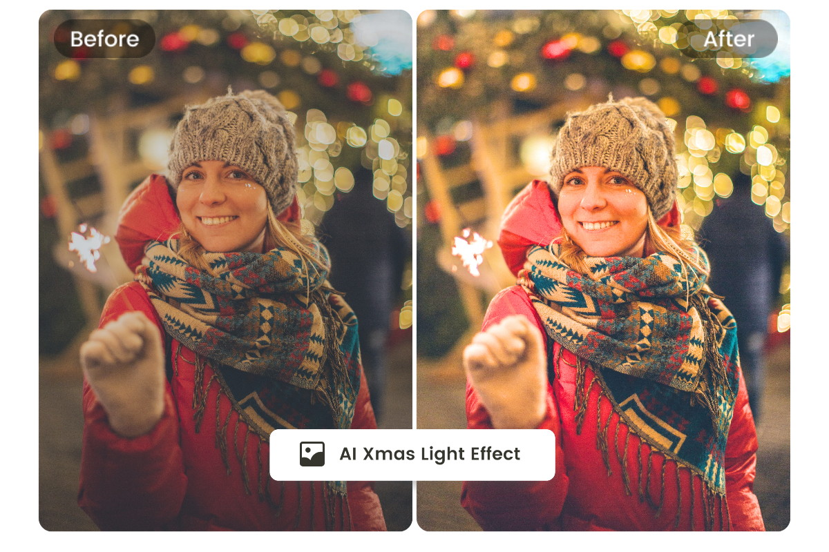 Mejorar foto de navidad femenina con efecto de luz de navidad ai