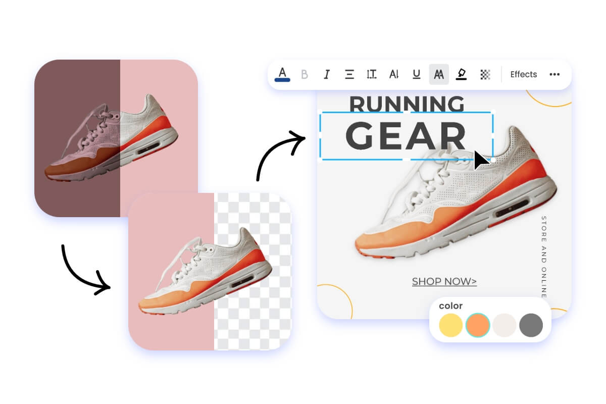 enhance image quality and use Fotor photo editing tools to remove background, and add text and design elements to design visuals