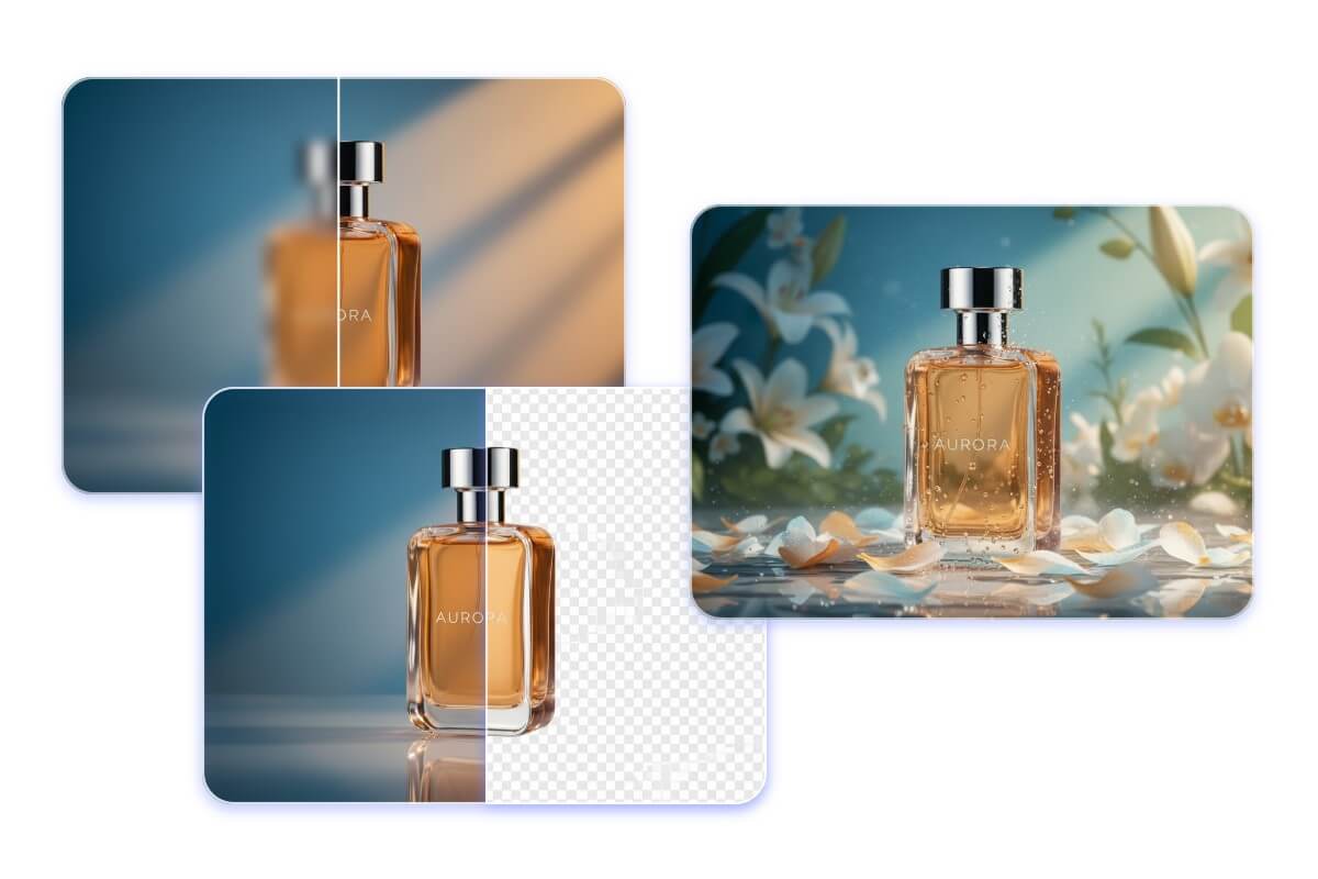 Enhance the image quality of a perfume photo and replace the background with a new one