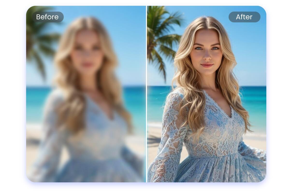 Enhance the image quality of a portrait of a woman at the beach