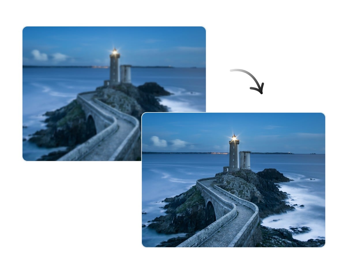 Enhance the resolution of a low quality seaside lighthouse photo using ai