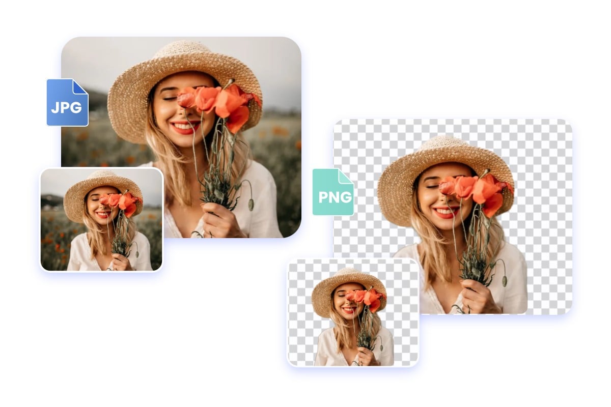 Enlarge a jpg and a png image of a girl holding flowers