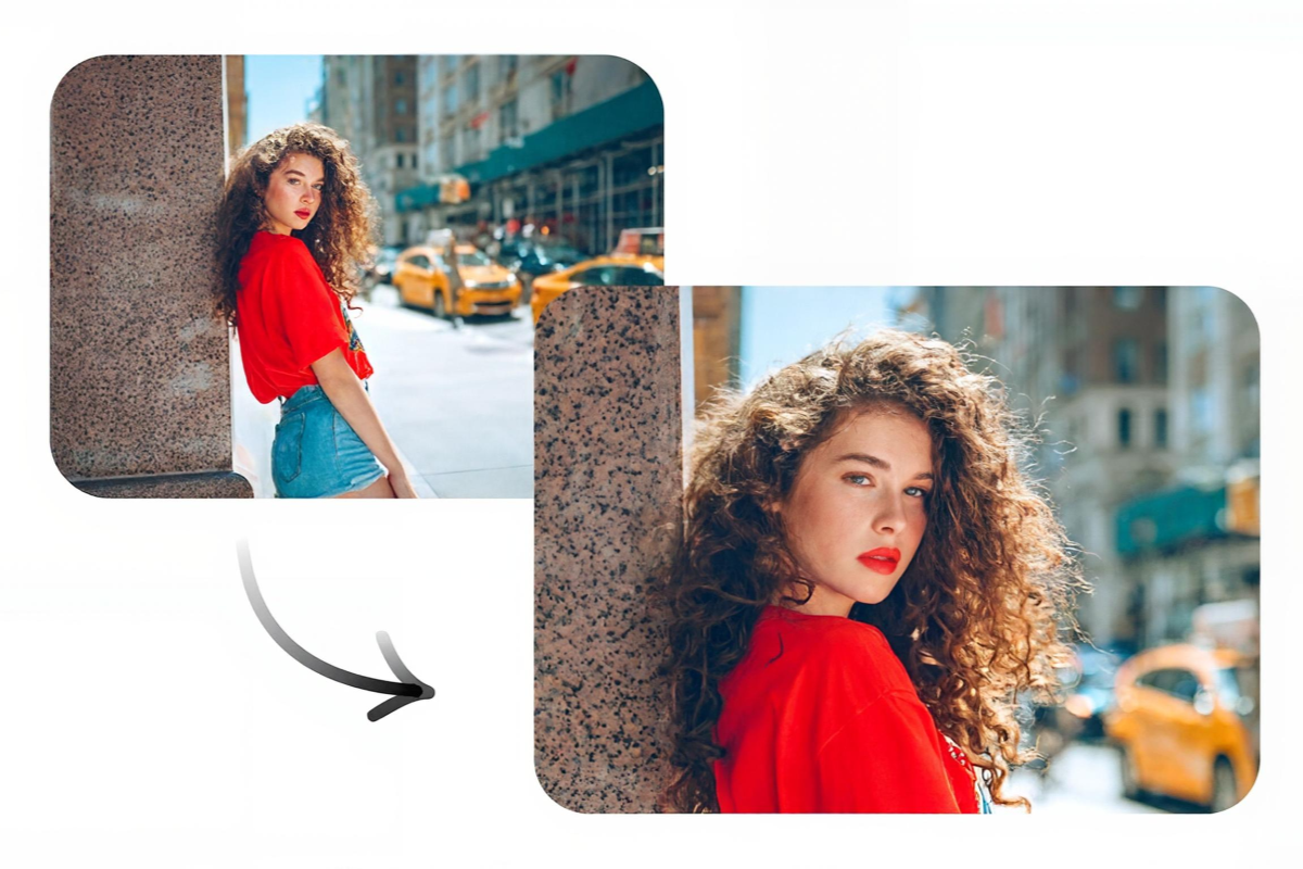 Enlarge a photo of a lady with curly hair and in a red blouse
