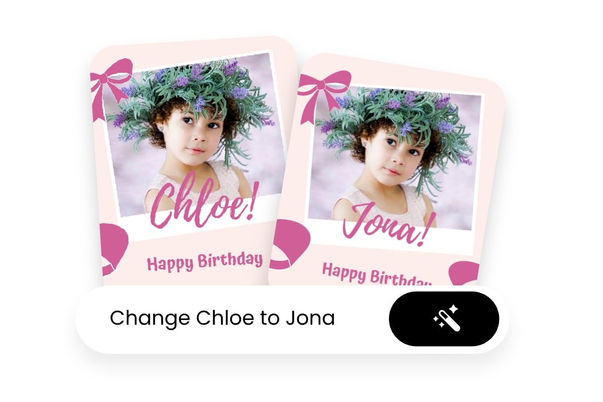 Enter a text prompt to change the person name on a birthday card