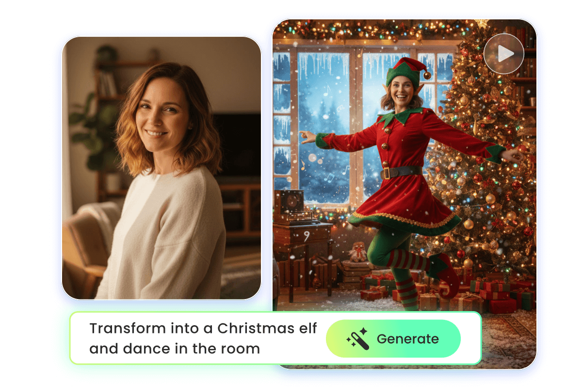 Erstelle aus einem Foto einer Frau im weißen Pullover ein Weihnachtself-Video