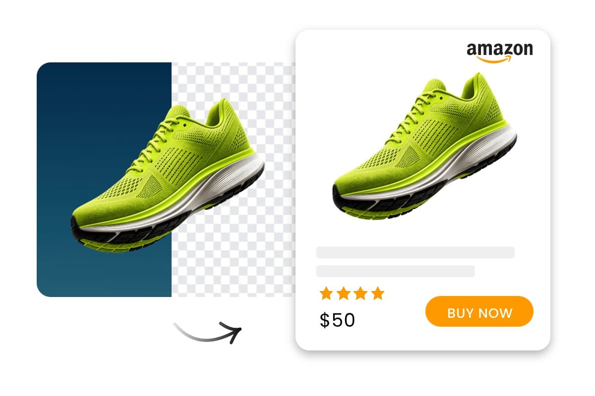 Erase bg from a green shoe visual and apply a white bg for it to list on amazon
