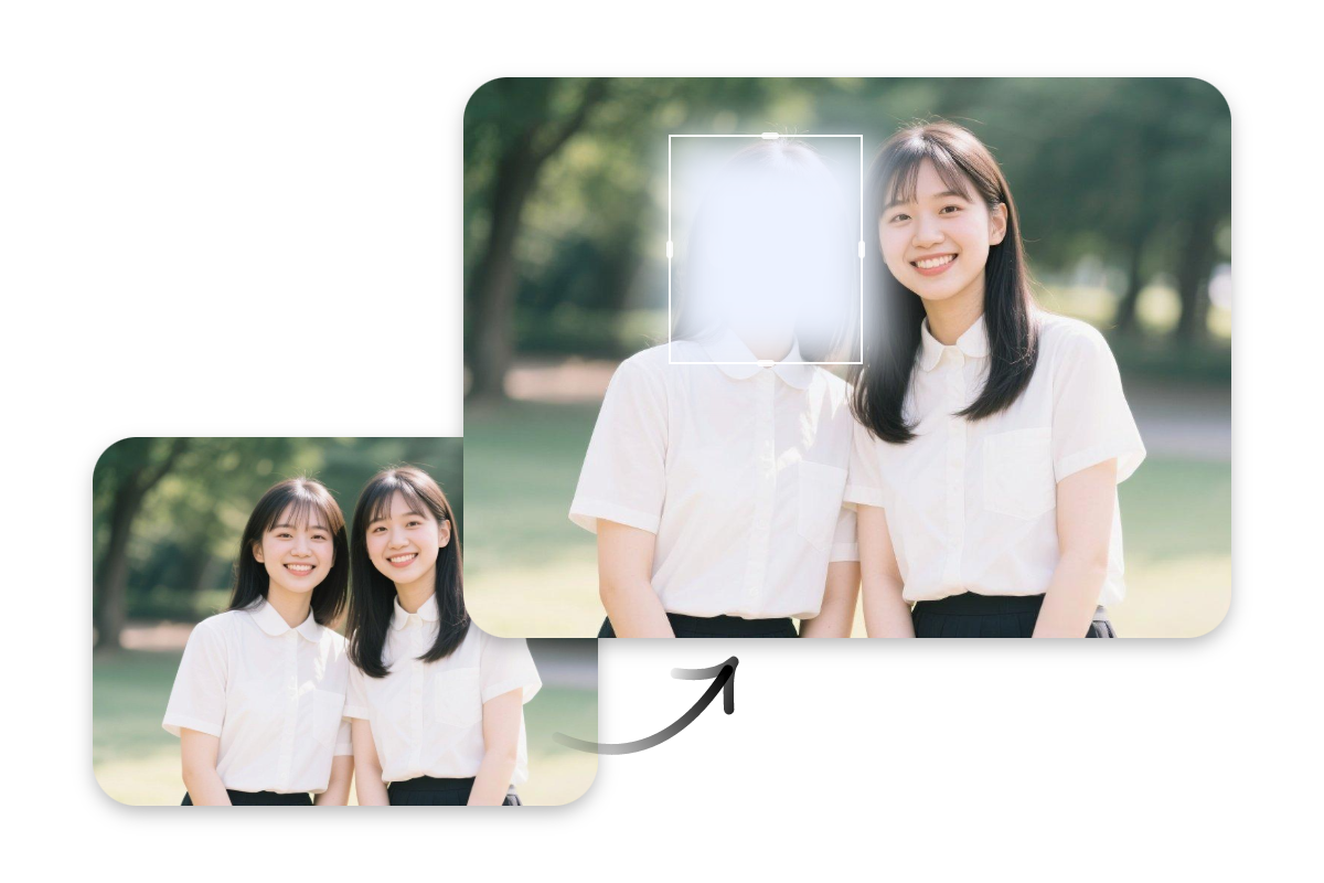 ツーショットの二人の女性の一人の顔にぼかし効果を加える顔隠し