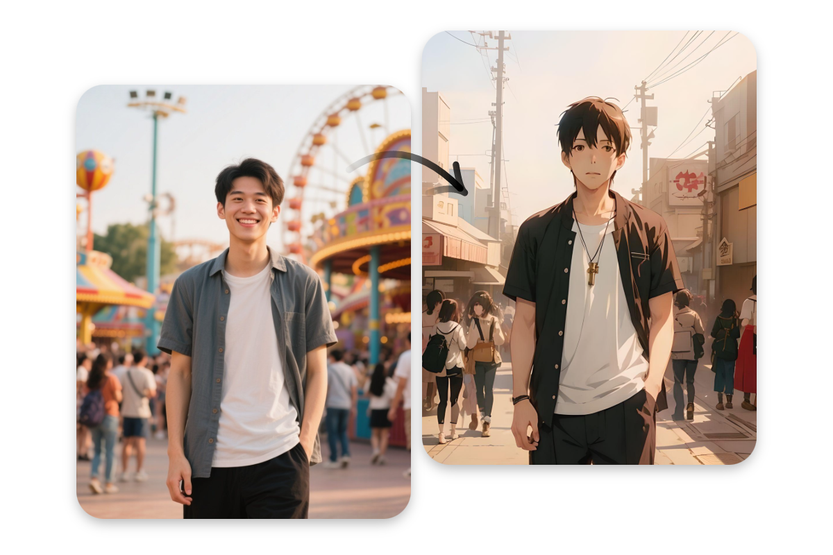 遊園地にいる男性の画像をアニメ化する顔隠し