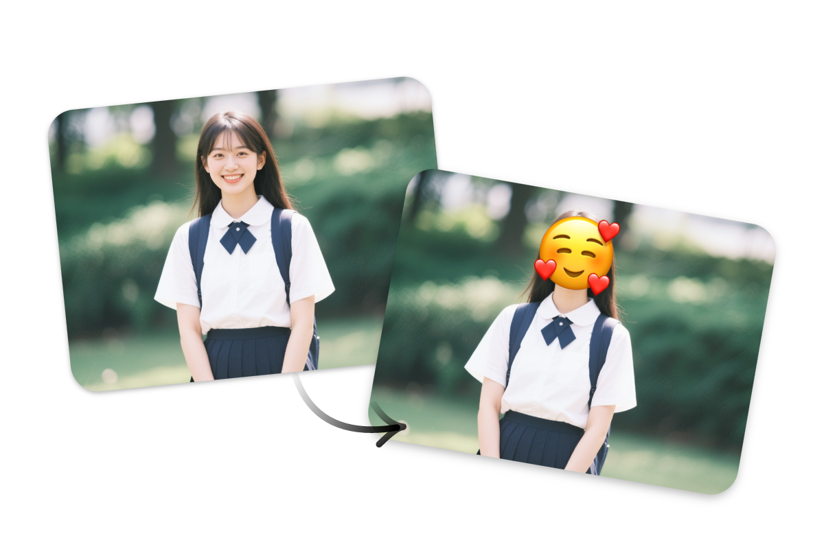学生服をきた女性の顔に絵文字の顔隠し素材を付ける