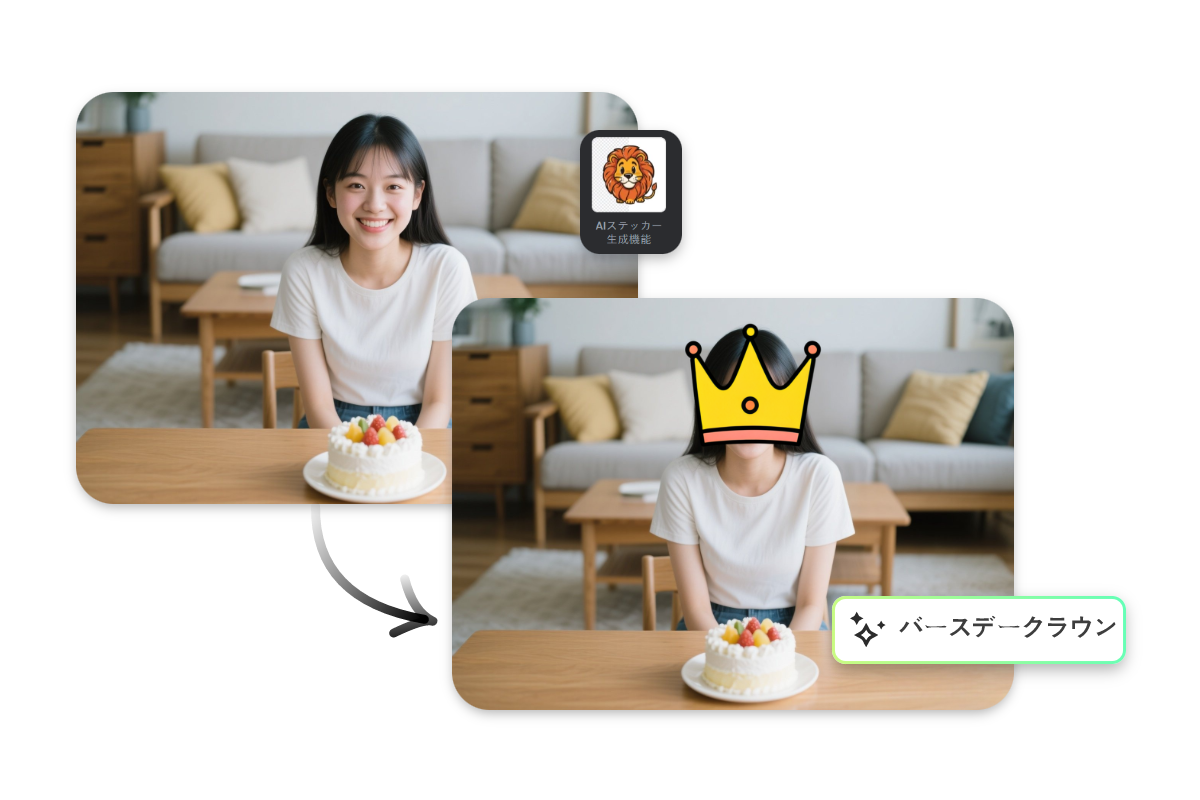 バースデーケーキを前に置いた女性の顔にバースデークラウンの顔隠しスタンプ素材を付ける