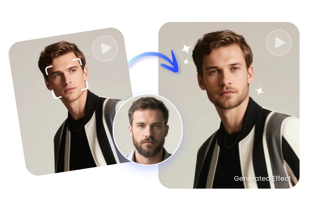 Face swap video effects featuring a man in brown hair