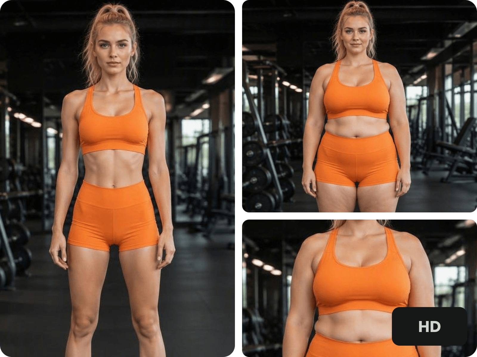 Fatify a fitness girl and get an ai fat image in high quality