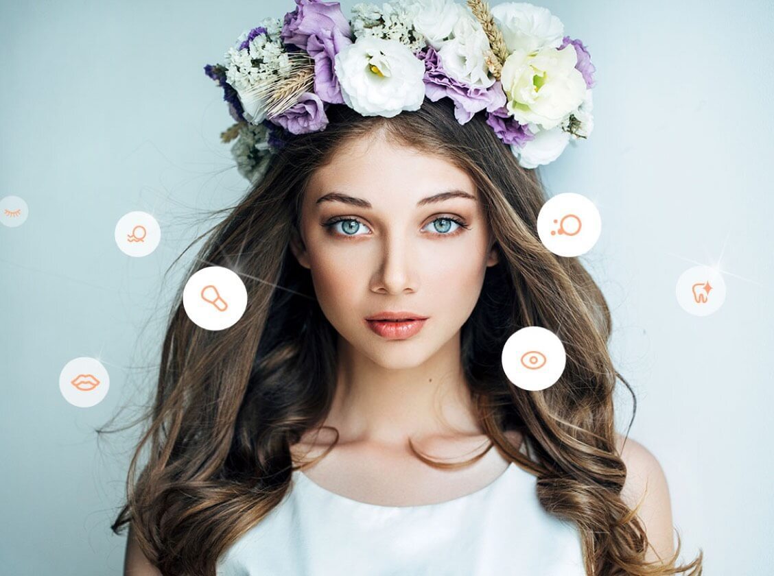 a female wearing a wreath with touch-up tool icons around her