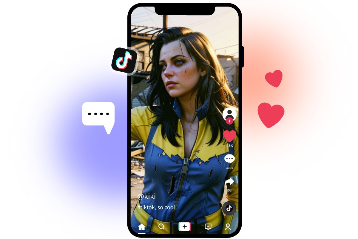 Female selfie applied with ai fallout filter posted on tik tok