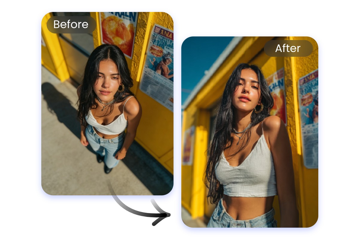 Fix a bad high angle shot of a girl photo to a perfect low angle shot