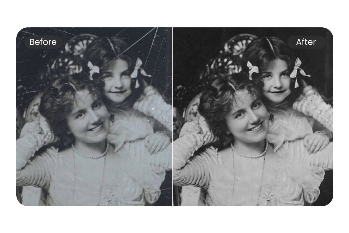 Fix picture scratches of old girl and mother photo