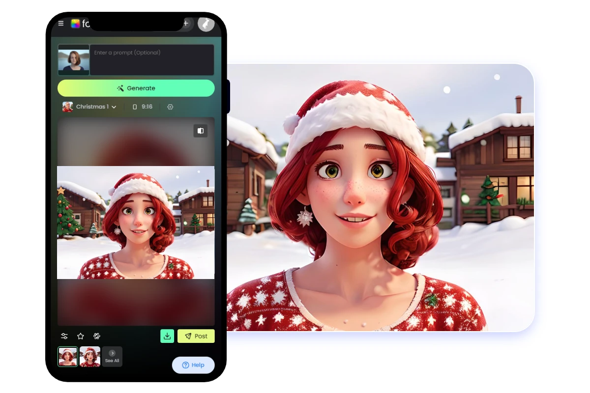 Fotor ai christmas photo generator app to create an ai christmas photo from a short hair lady