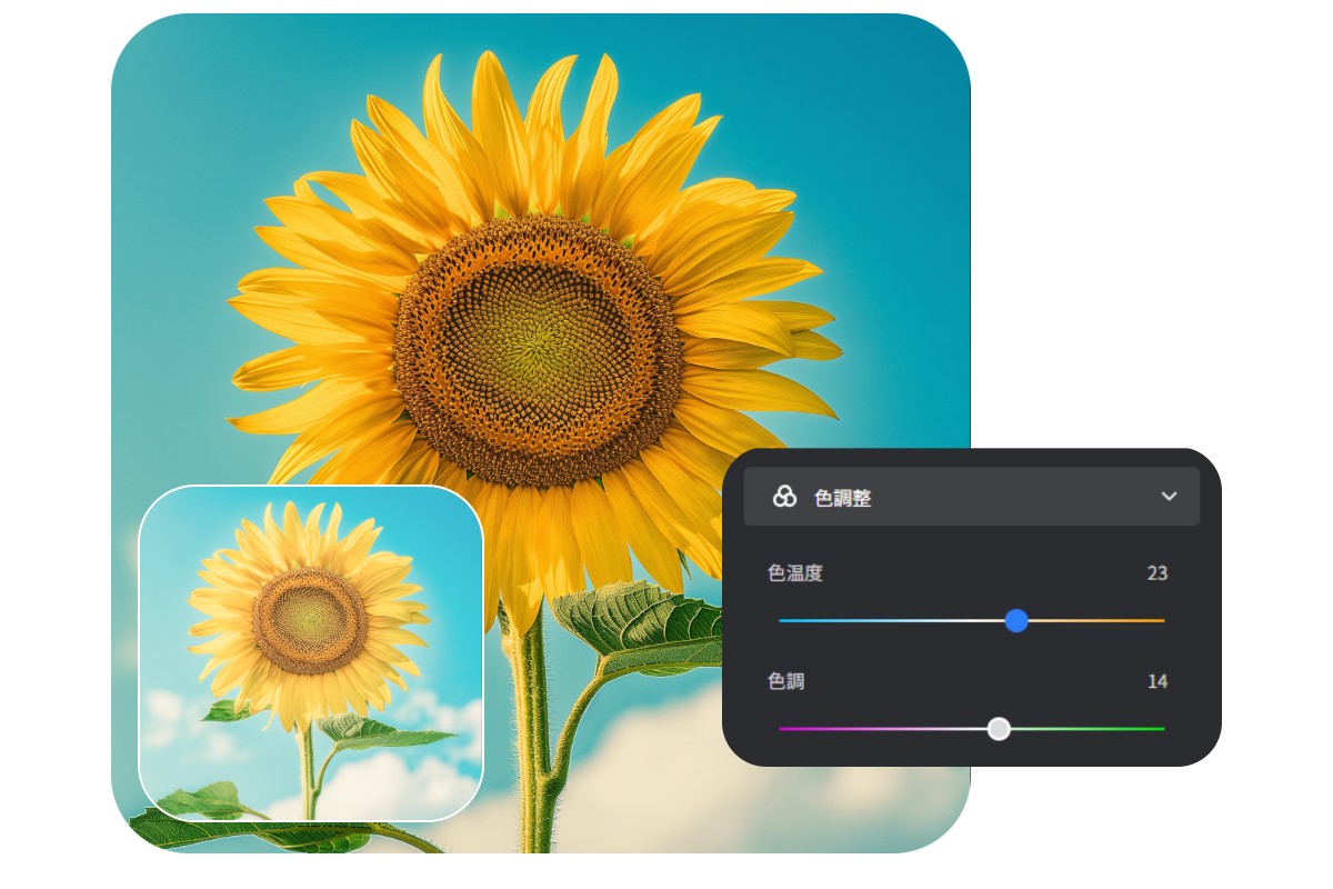 Fotorの色調整機能で、ひまわりの写真の白飛びを補正する
