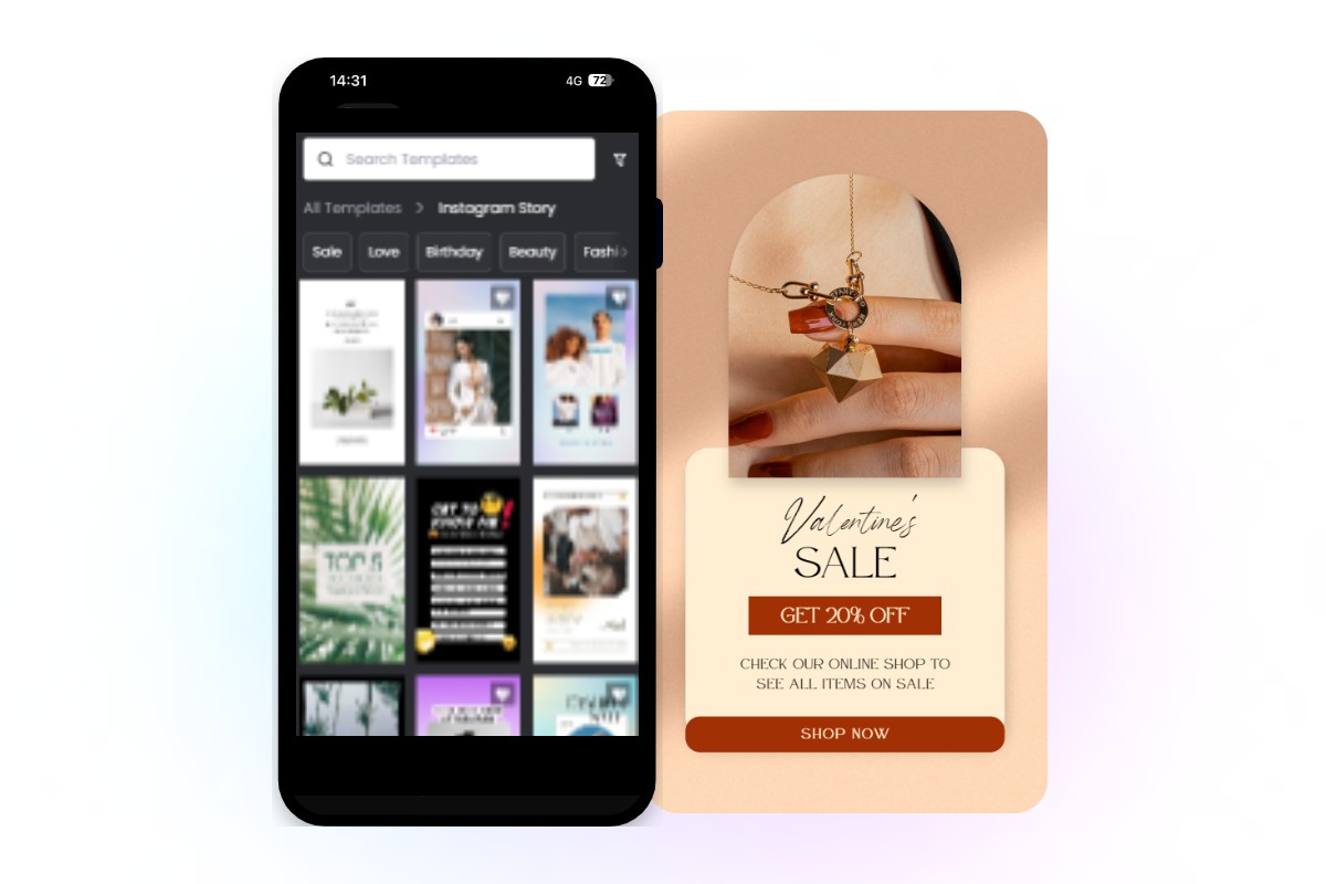 Fotor instagram story maker app with a brown sale template on the right