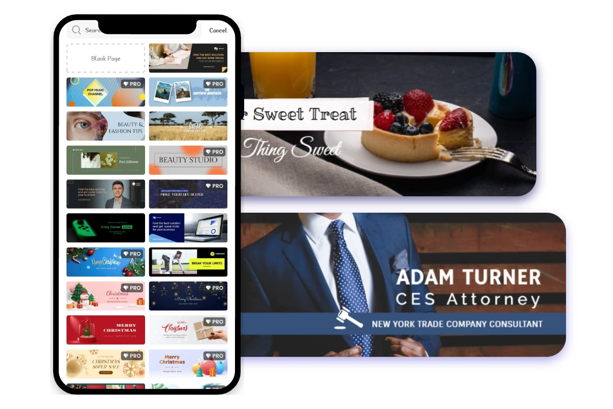 Fotor モバイル アプリは、右側に 2 つの Facebook カバー写真テンプレートのインターフェイスを表示しています。