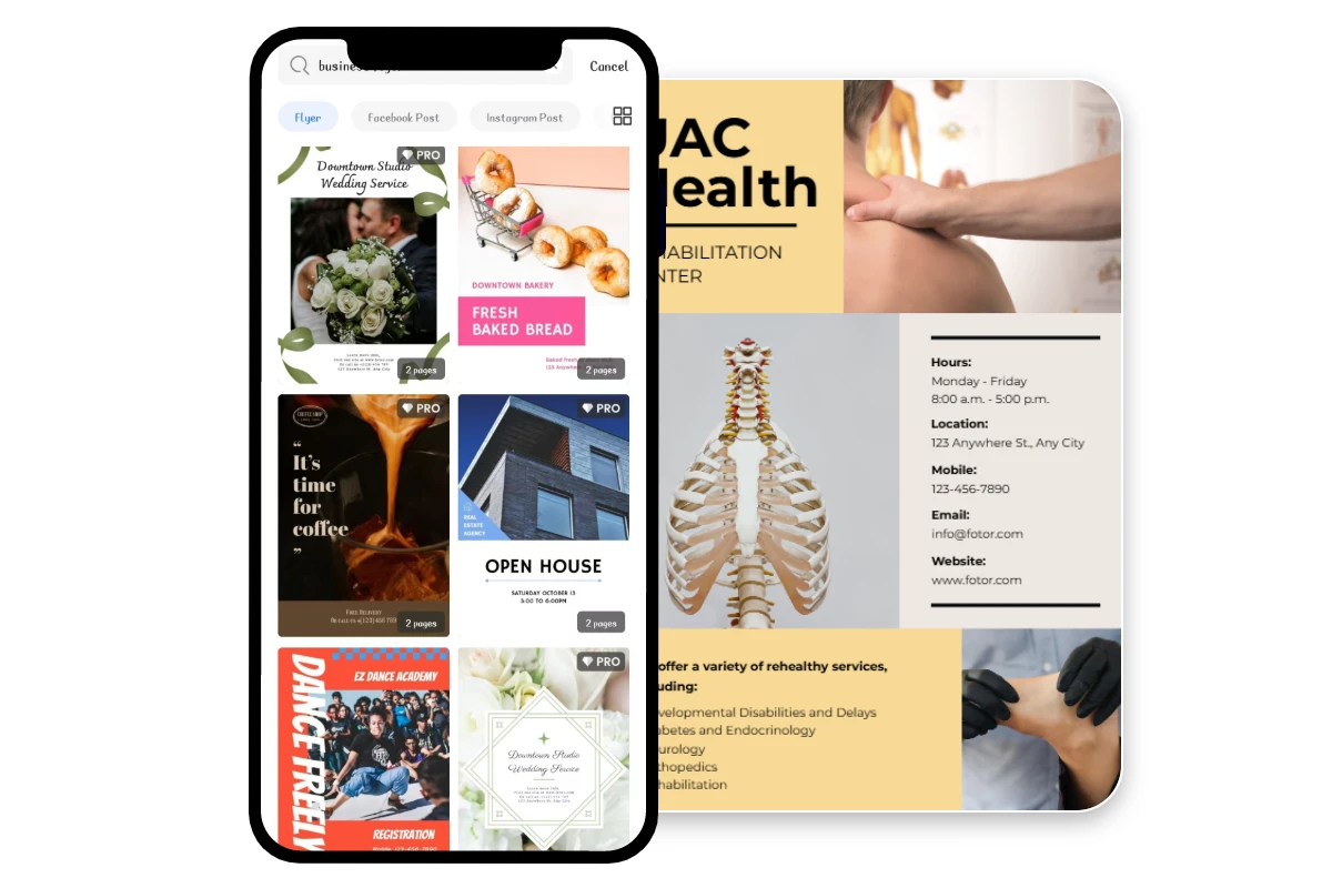 Fotor mobile app showing business flyter template page with three samples on its right side