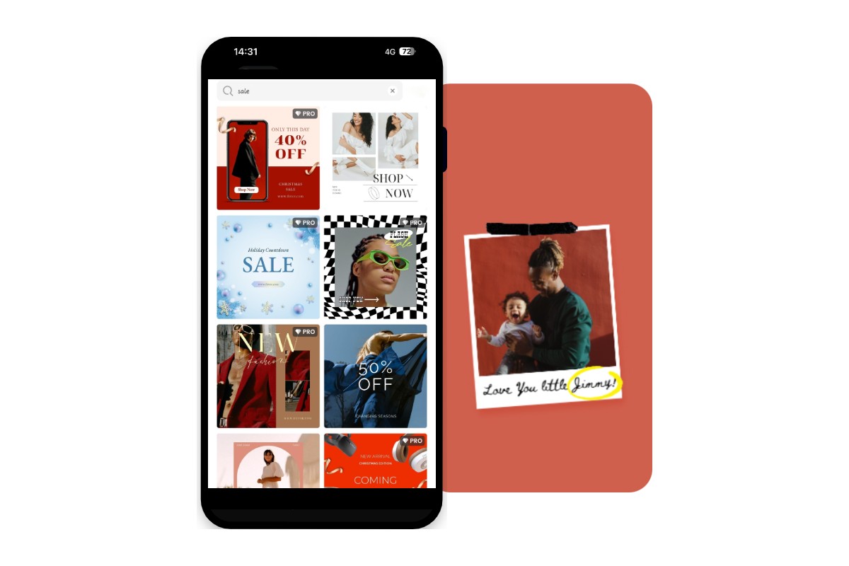Fotor mobile app with its templates and an example of a red template on its right